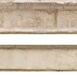 Il terzo elemento presente sul palazzo, � il fregio marcapiano che divide il piano terra dal primo livello dell�edifico e che si estende su tutto il prospetto. � caratterizzato da una pronunciata cornice aggettata, decorata per tutta la sua lunghezza di 12 metri da elementi vegetali classicheggianti, mentre in basso � delimitato da un cordolo segnato da segmenti trasversali